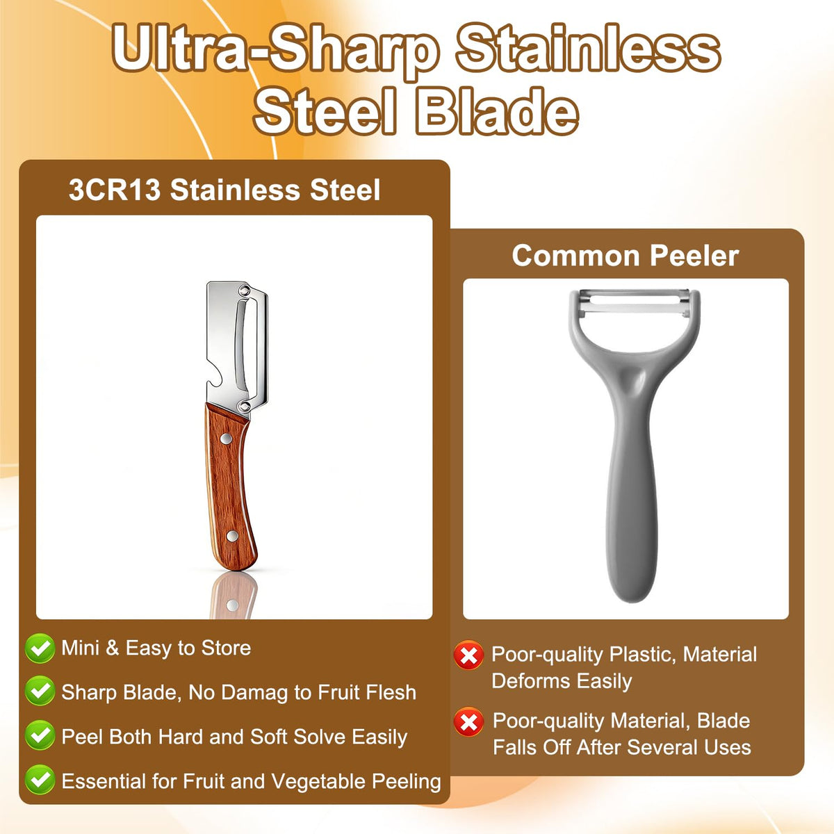 Generic peeler efficiently peels apples and carrots for fresh dishes.