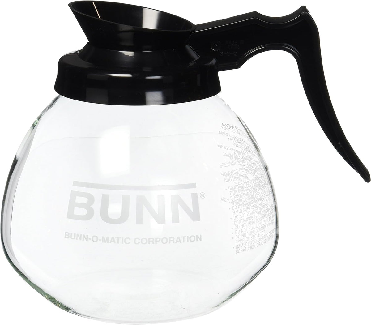 Generic Supply Depot BUNN 12-Cup decanter, clear and black, durable glass for daily coffee service.