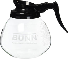 Generic Supply Depot BUNN 12-Cup decanter, clear and black, durable glass for daily coffee service.
