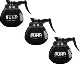 Generic Supply Depot glass coffee pot decanter in black, 12-cup, three-pack for office use.