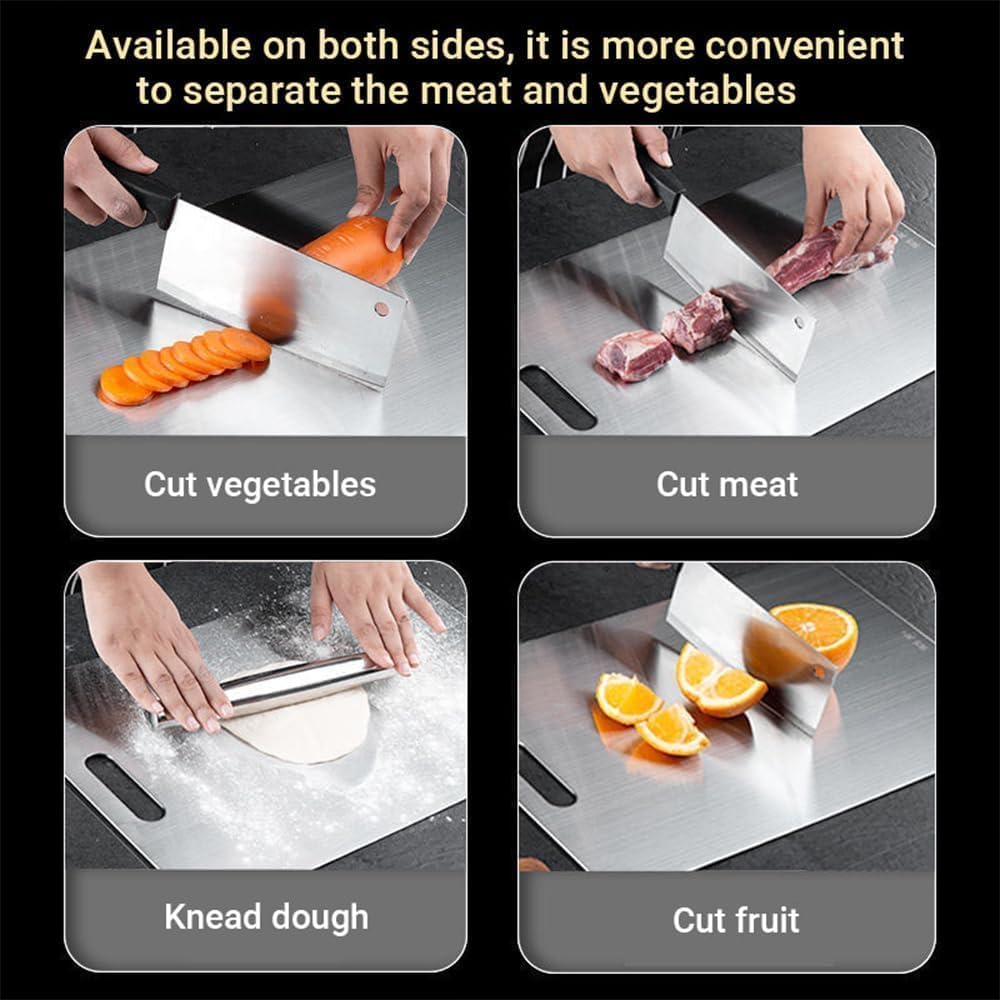 Generic titanium cutting board close-up highlights non-porous, odor-resistant finish.