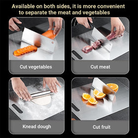 Generic titanium cutting board close-up highlights non-porous, odor-resistant finish.
