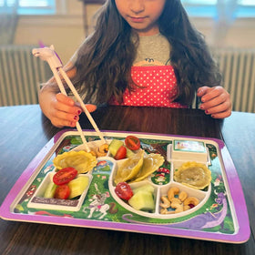 Genuine Fred Dinner Winner dishwasher-safe melamine for easy cleanup.