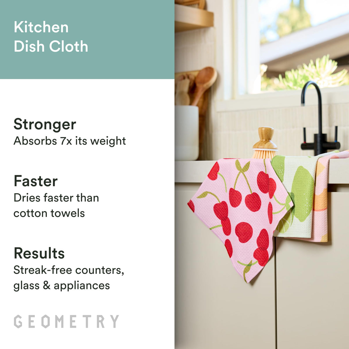 GEOMETRY Dishcloth Fruit Fun pack 3 shows high absorbency for spills.