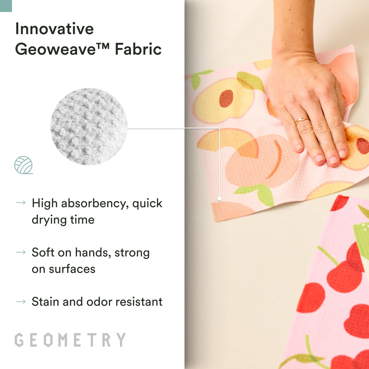 GEOMETRY dishcloth demonstrates fast-drying performance to keep the kitchen fresh.