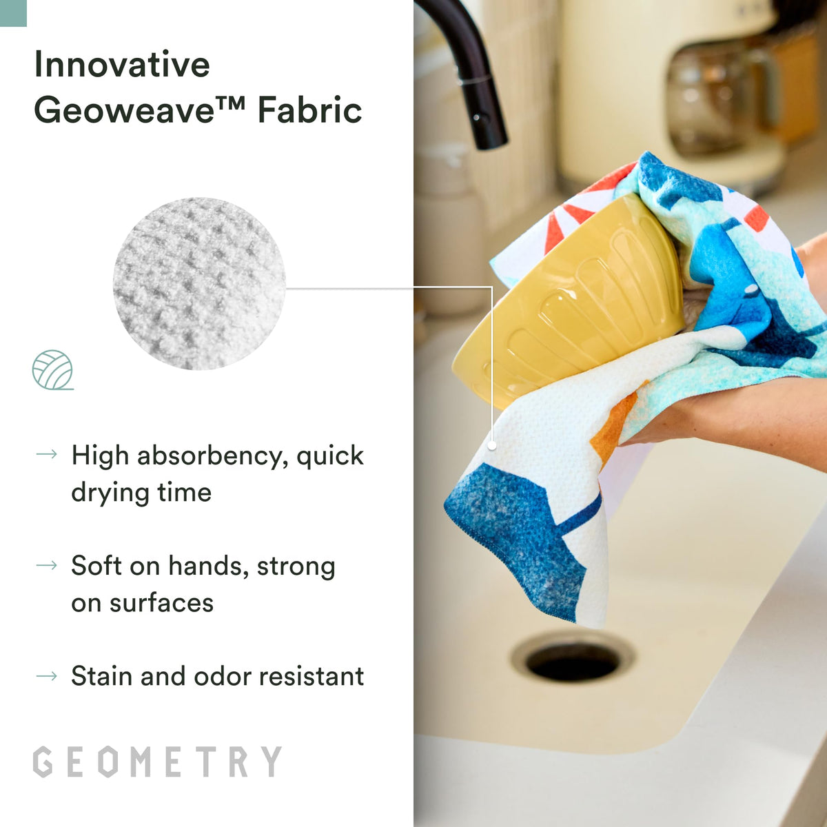 GEOMETRY Spring Kitchen Towels shown drying a mug and plate, rapid moisture removal
