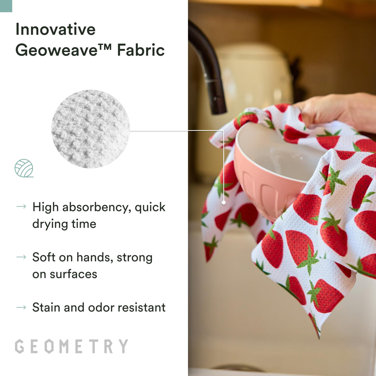 Geometry spring print kitchen towel adds seasonal style to drying tasks.