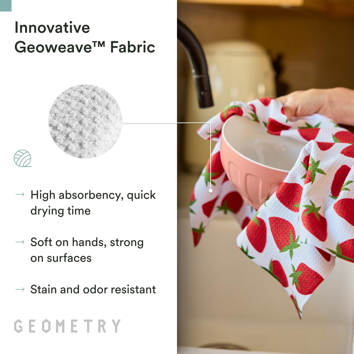 GEOMETRY Berry Sweet tea towel features quick-drying performance for busy mornings.