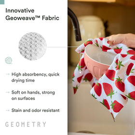 GEOMETRY Berry Sweet tea towel features quick-drying performance for busy mornings.