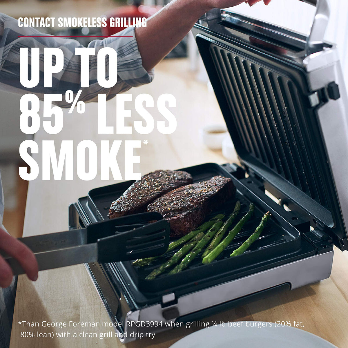 George Foreman Smokeless grill enabling 3x faster cooking for burgers.