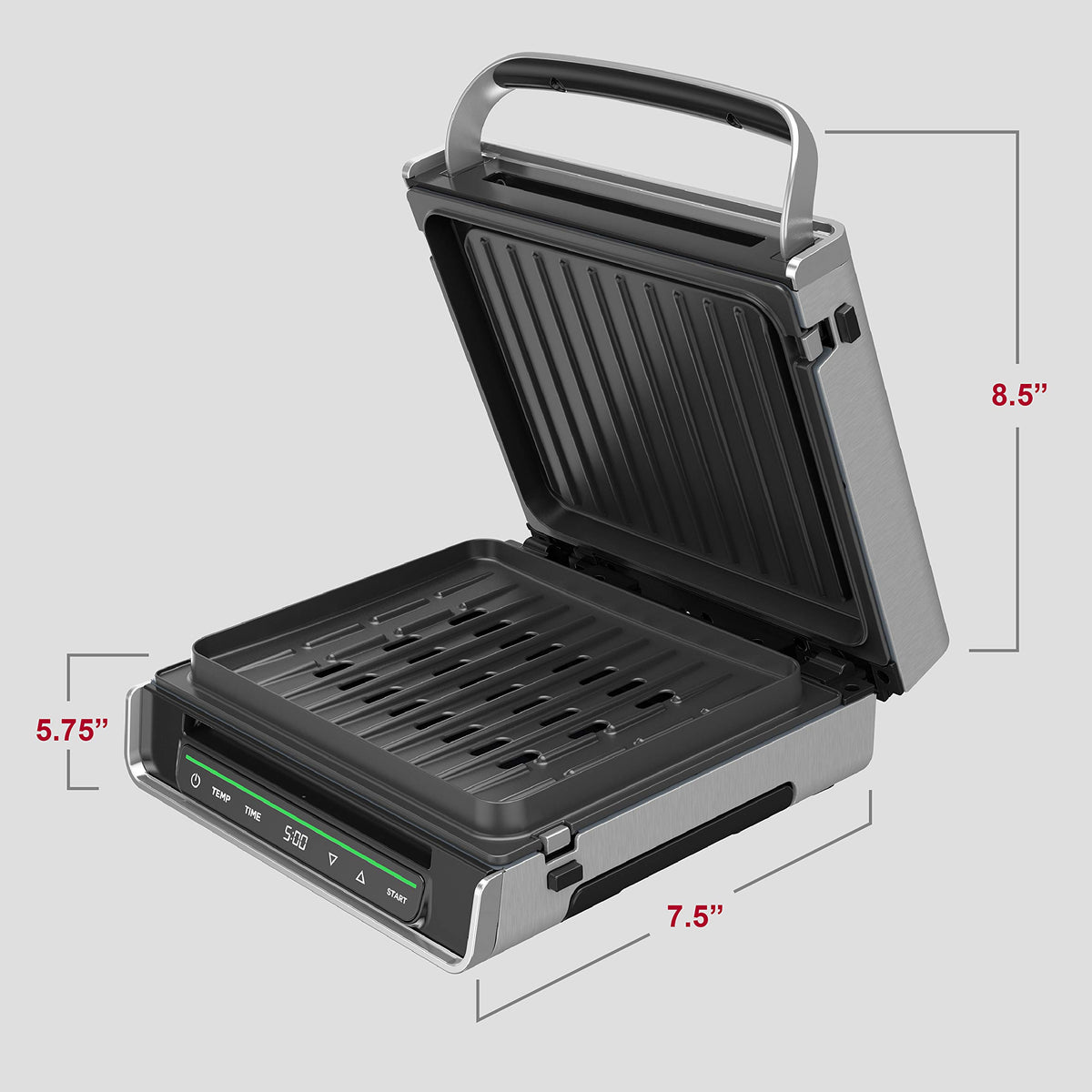 George Foreman Smokeless family-size surface cooks 4–6 servings for dinner.
