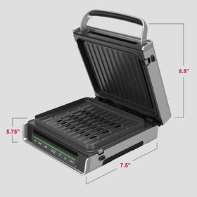 George Foreman Smokeless family-size surface cooks 4–6 servings for dinner.
