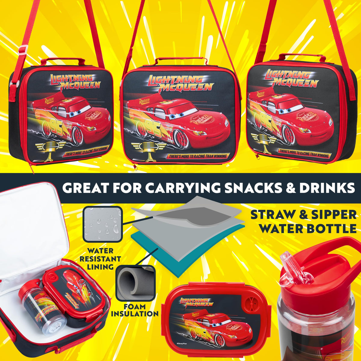 Get Trend Disney Cars insulated lunch bag preserves cool meals for hours.