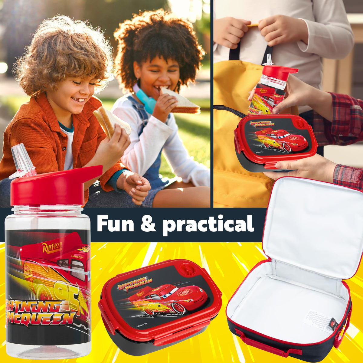 Get Trend Disney Cars lunch box with compartments keeps snacks organized during school lunches.