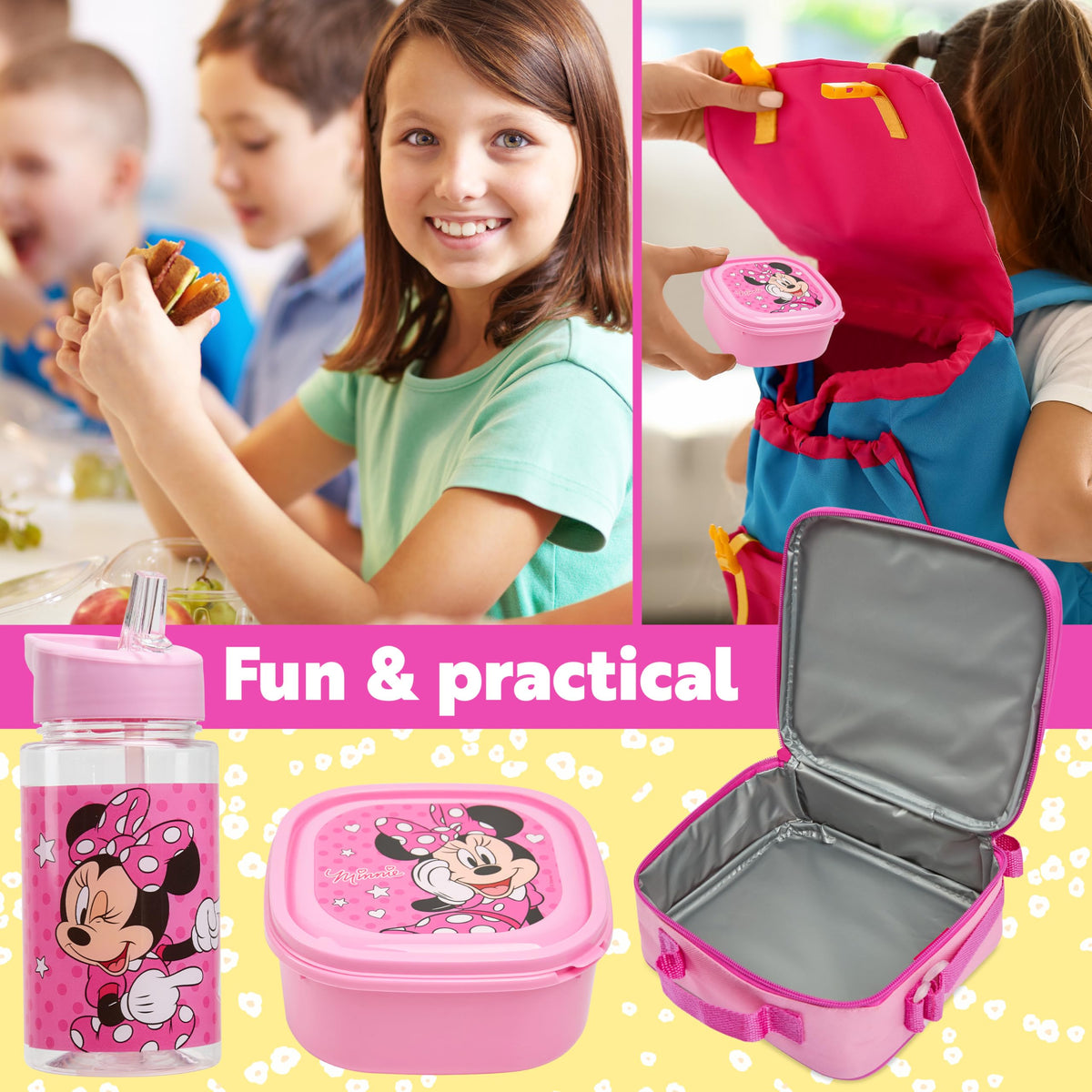 Get Trend Minnie Mouse snack box with removable lid for on-the-go snacks.