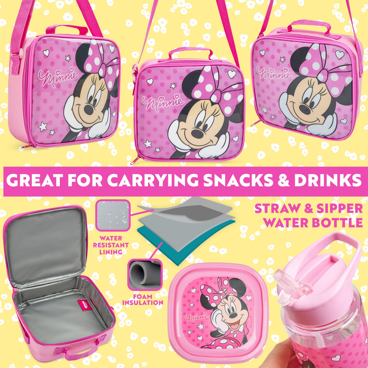 Get Trend Minnie Mouse water bottle with flip-up straw, leak-proof for mess-free travel.