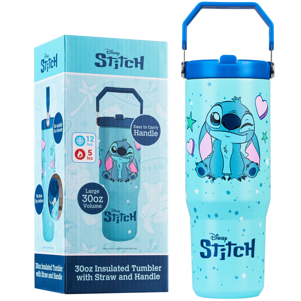 Get Trend Disney Stitch tumbler front view, durable 30oz stainless steel for school use.