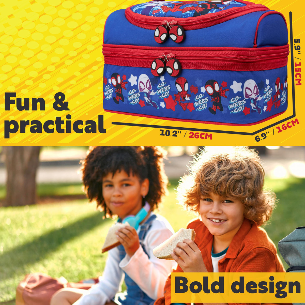 Vivid blue and red Marvel print adds playful daily personality to routines.