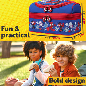 Vivid blue and red Marvel print adds playful daily personality to routines.