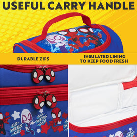 Top-handle design makes carrying comfy for kids on Get Trend Spidey lunch bag.