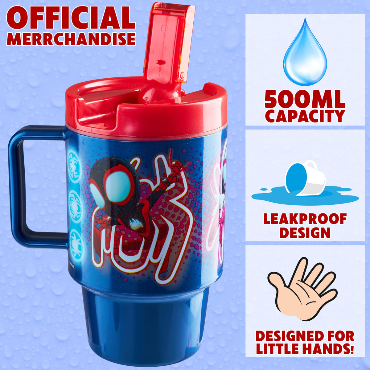 Spiderman-themed bottle with leakproof lid and flip sipper for mess-free use.