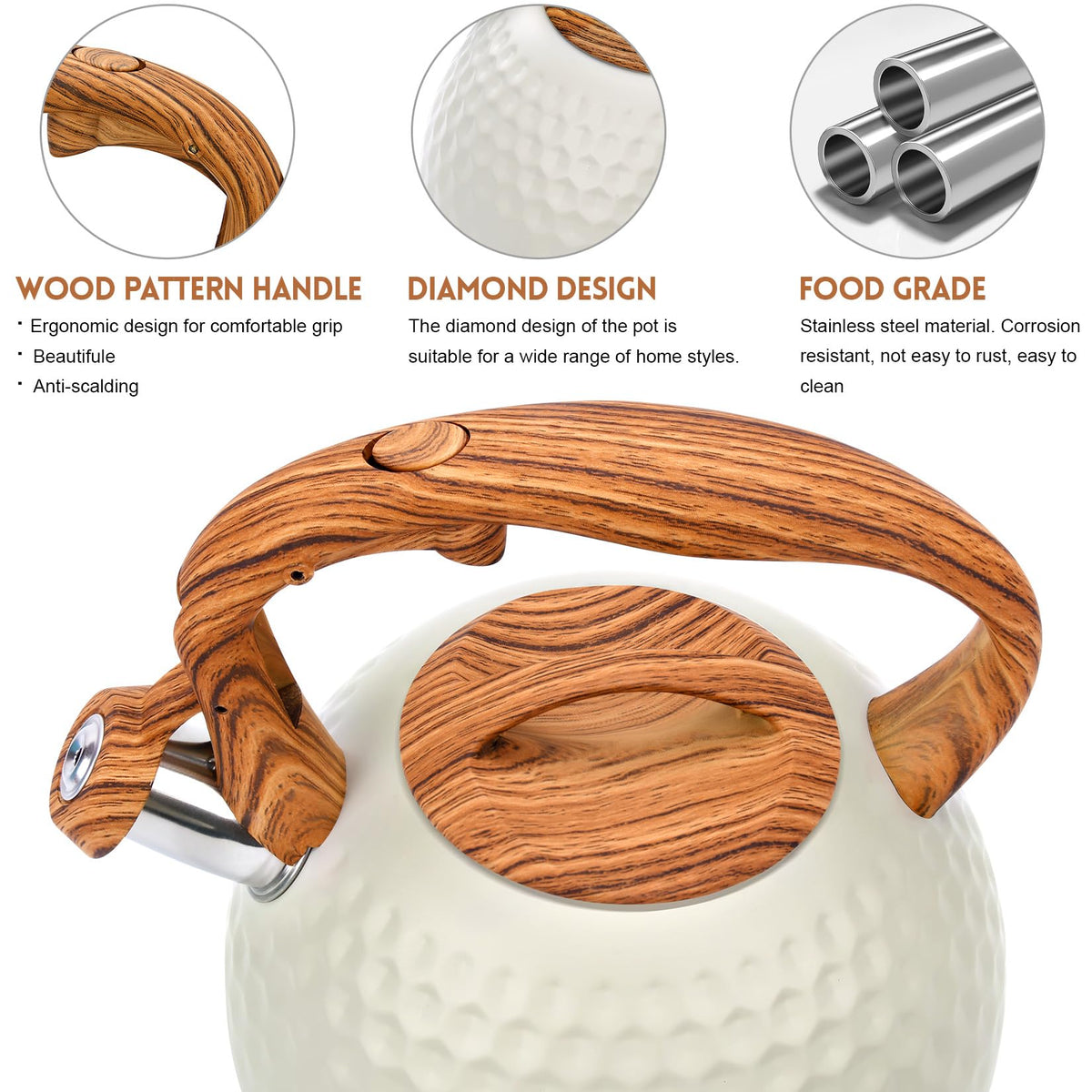 GGC Tea Kettle wood-pattern handle provides heat protection and a secure grip.