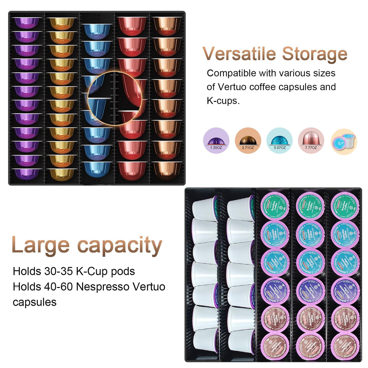 Gianotter crystal glass pod holder capacity illustration showing 40 large or 60 small pods