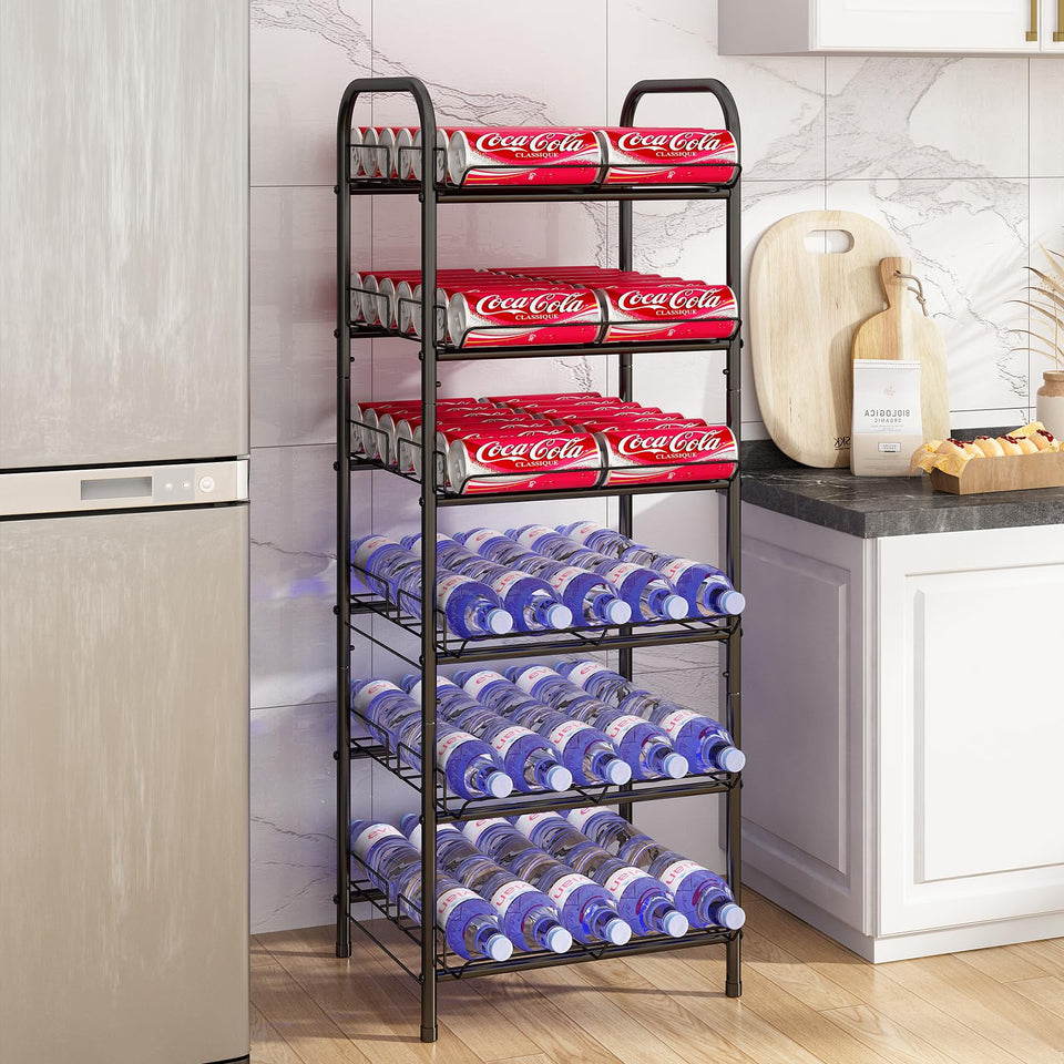 GILLAS 6-tier water bottle storage rack keeps bottles neatly upright for easy access.