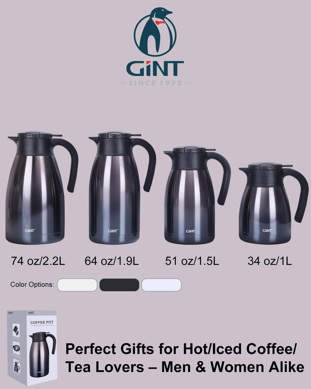 GiNT premium insulated carafe keeps beverages hot or cold longer