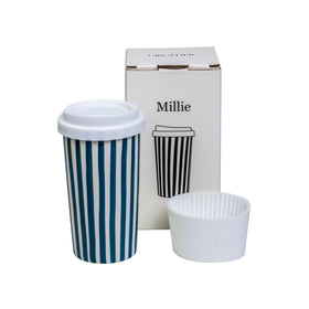 GIROFLIER ceramic travel mug in blue with spill-resistant lid for on-the-go coffee.