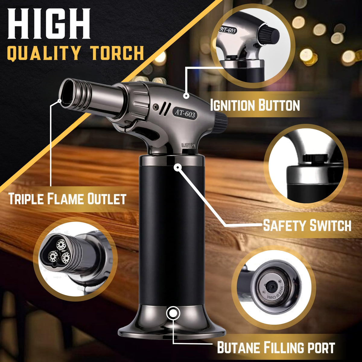 High quality anodized aluminum and stainless steel construction.
