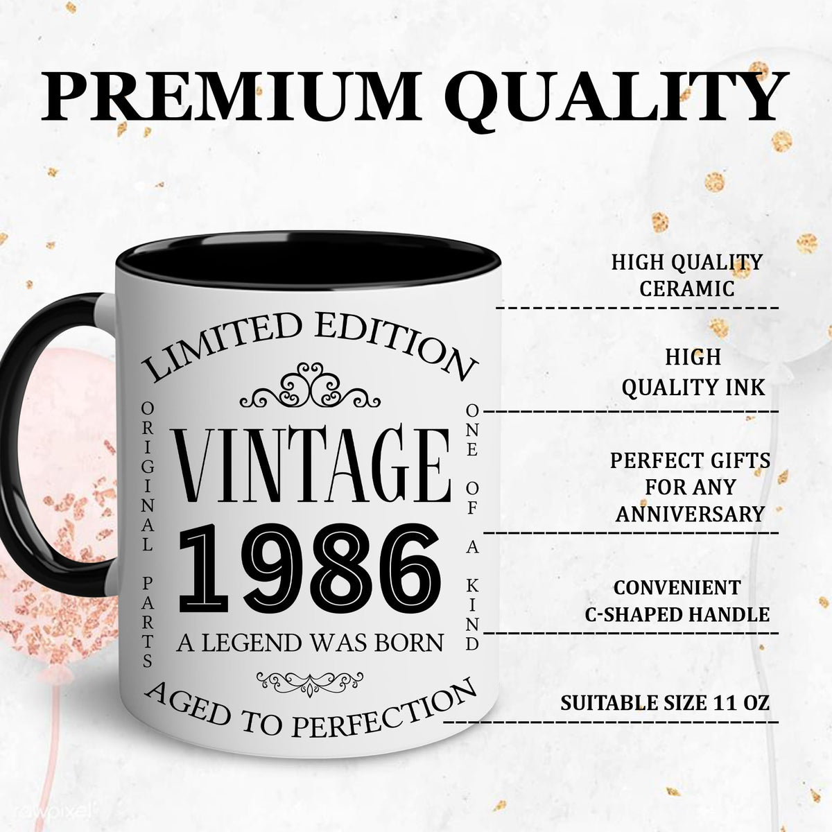 1986 decorations-inspired mug design, suitable for gifts and table settings.