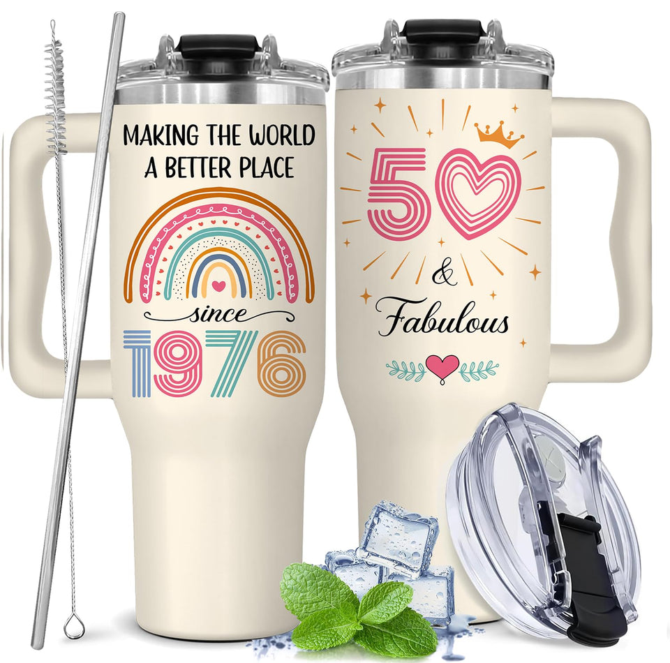 GLAKEUN 50th birthday tumbler with a sturdy handle for daily coffee or tea.