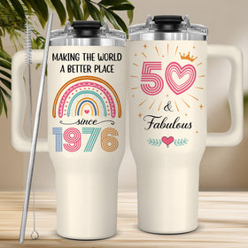 GLAKEUN turning fifty tumbler showcases vibrant colors for party decor and personal style.
