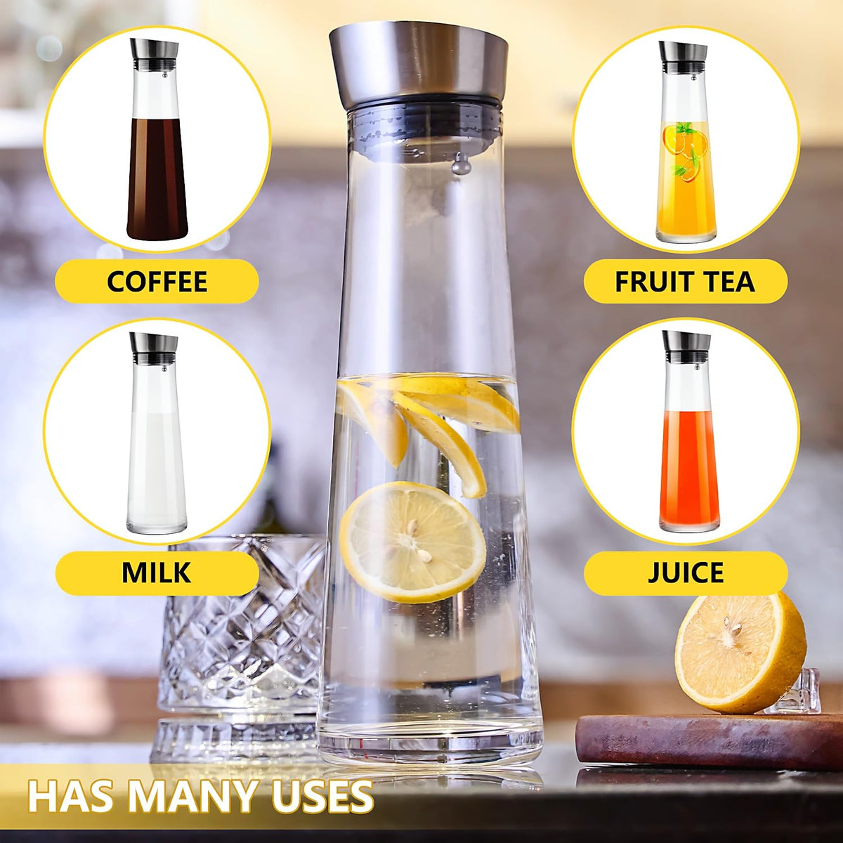 GLASKEY modern glass pitcher close-up, clear thick glass and smooth finish.