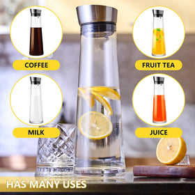 GLASKEY modern glass pitcher close-up, clear thick glass and smooth finish.