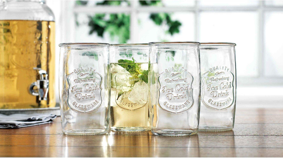 Glaver's embossed glassware for stylish home bar and gatherings.