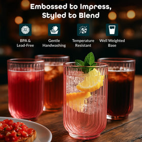 Glaver's pink arch highball glass elevates iced tea and juice beverages.