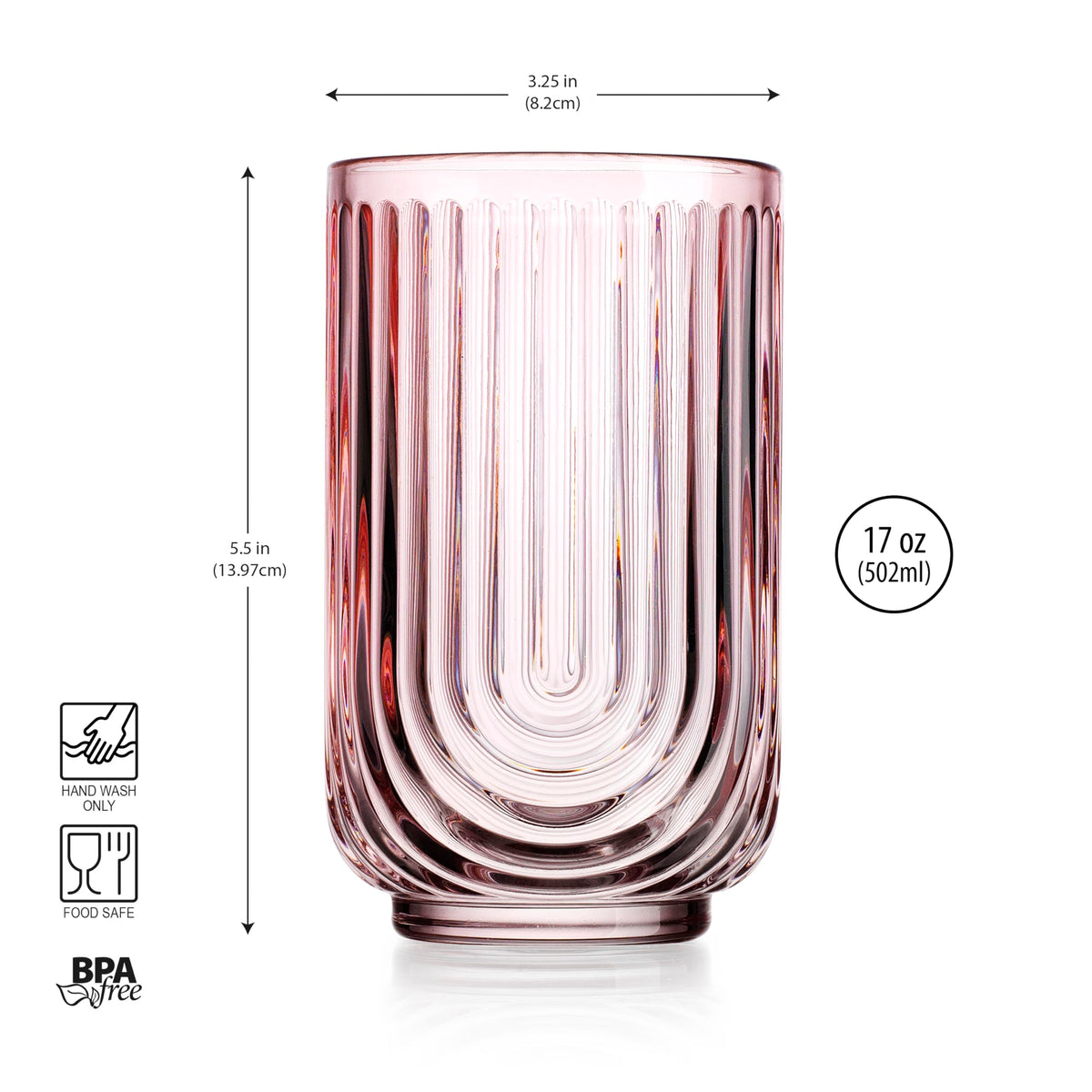 Glaver's pink arch highball glass should be handwashed with care.