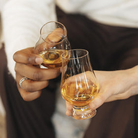 Glencairn glass wide bowl highlights color and aroma for full appreciation.