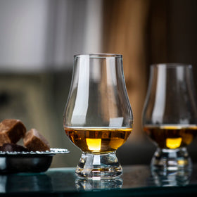 Glencairn whisky glass tapered mouth promotes easy sipping and nosing