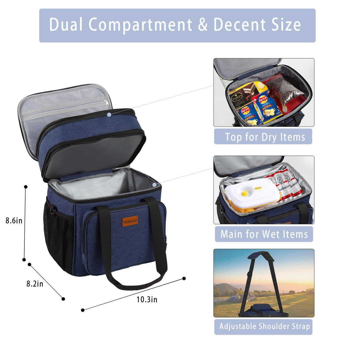 GLENKEY expandable lunch box bottom compartment interior shows insulation and organization.