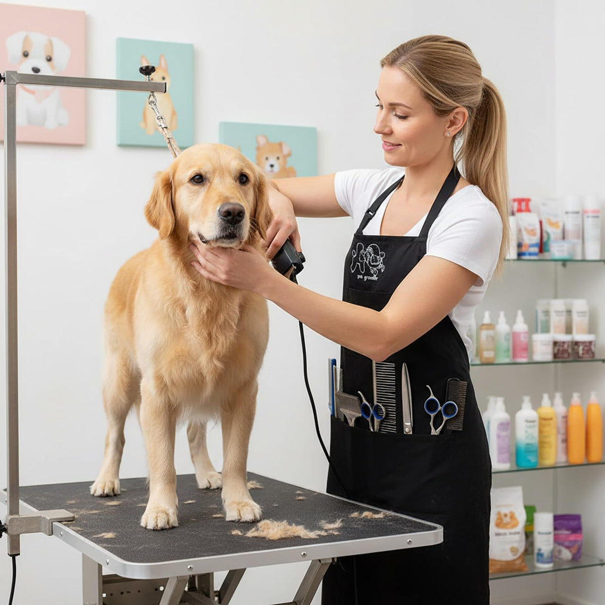 Gliitatu grooming apron with 4 pockets for tools and phone.