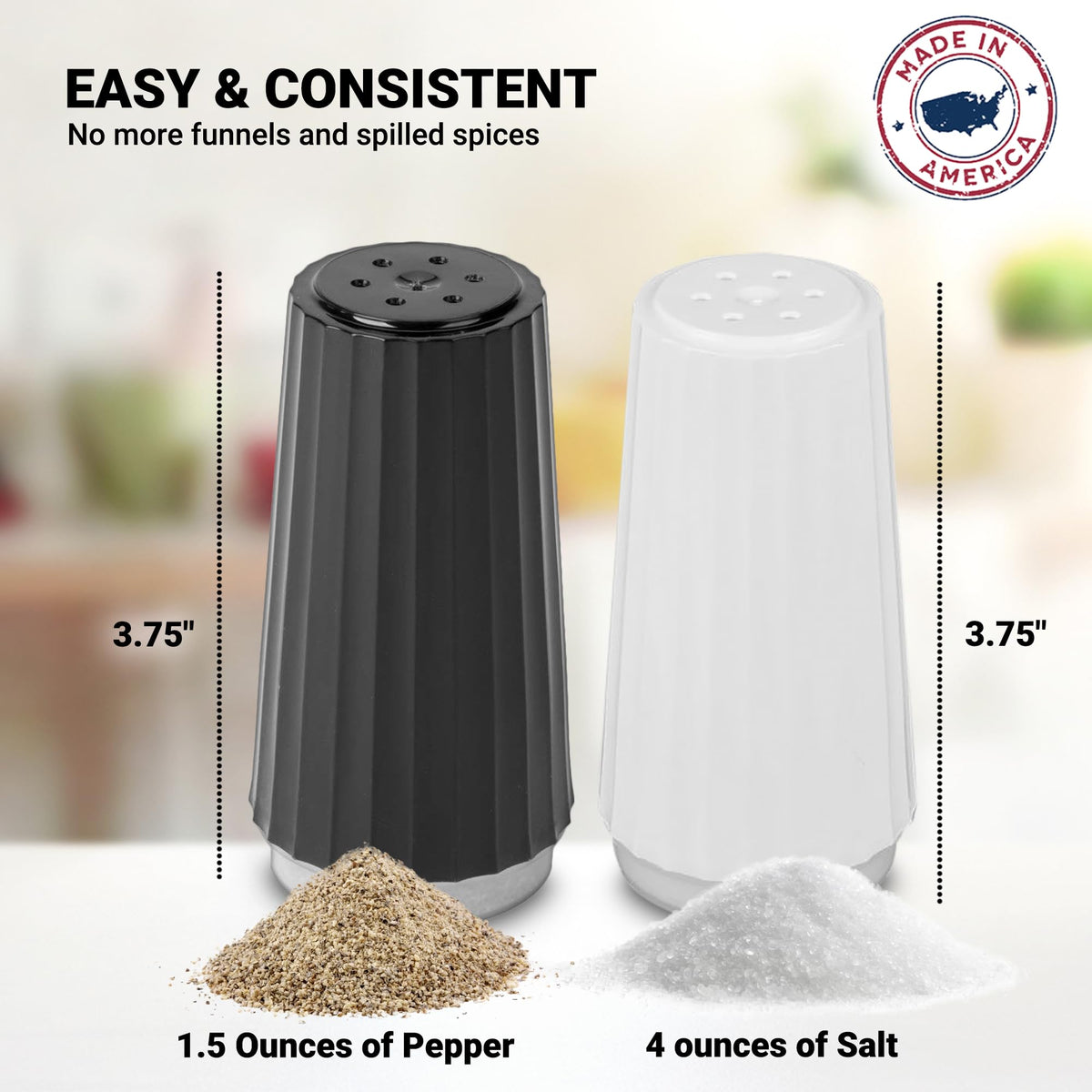 Global Basics USA-made salt and pepper shakers ensure reliable performance.