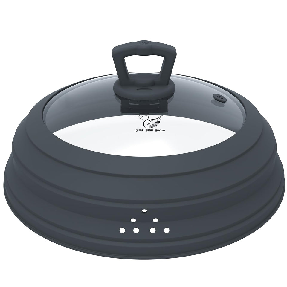 Glouglou Goose GGG microwave splatter cover on a 10.8 inch plate, keeps microwave clean and food intact