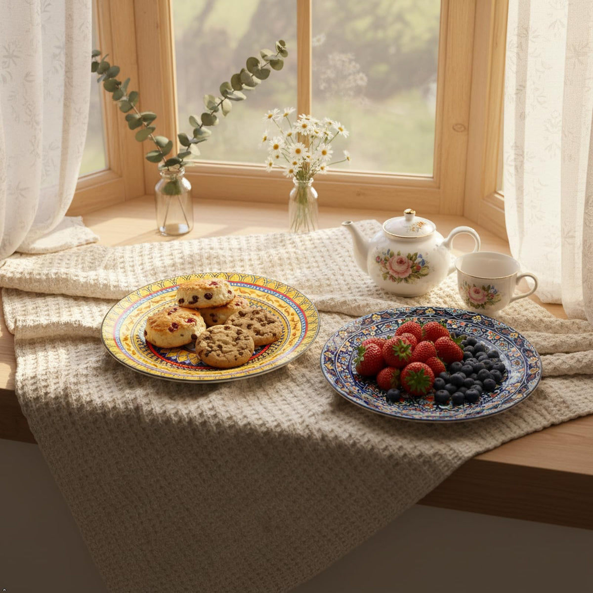 Bohemian-inspired Glowworm serving plates brighten festive table settings.
