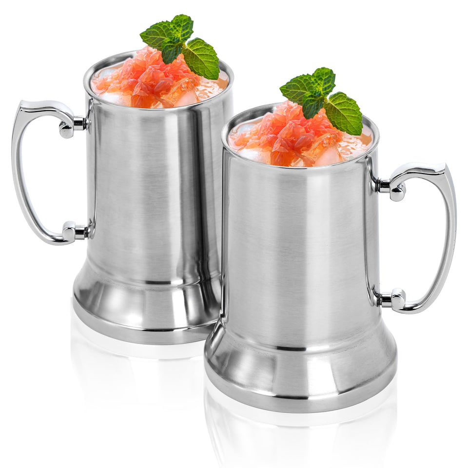 Goaste tankard-style beer mugs front view, durable stainless steel for hot or cold beverages.