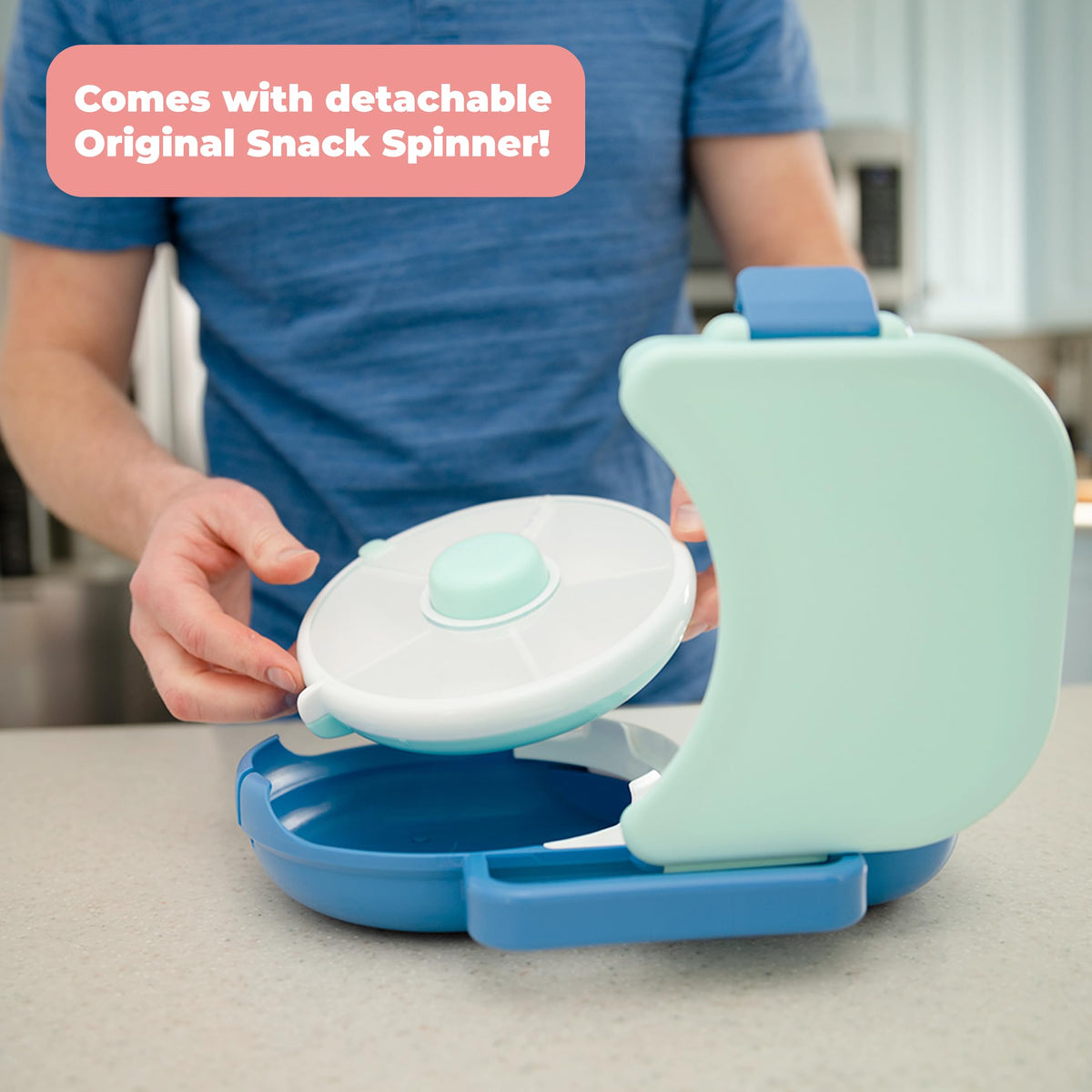 GoBe Macaron Blue lunchbox with airtight lid demonstrating spill-proof design.