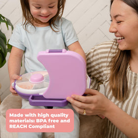GoBe Kids Lunchbox Macaron Blue snack spinner image with interactive button and 5 options.