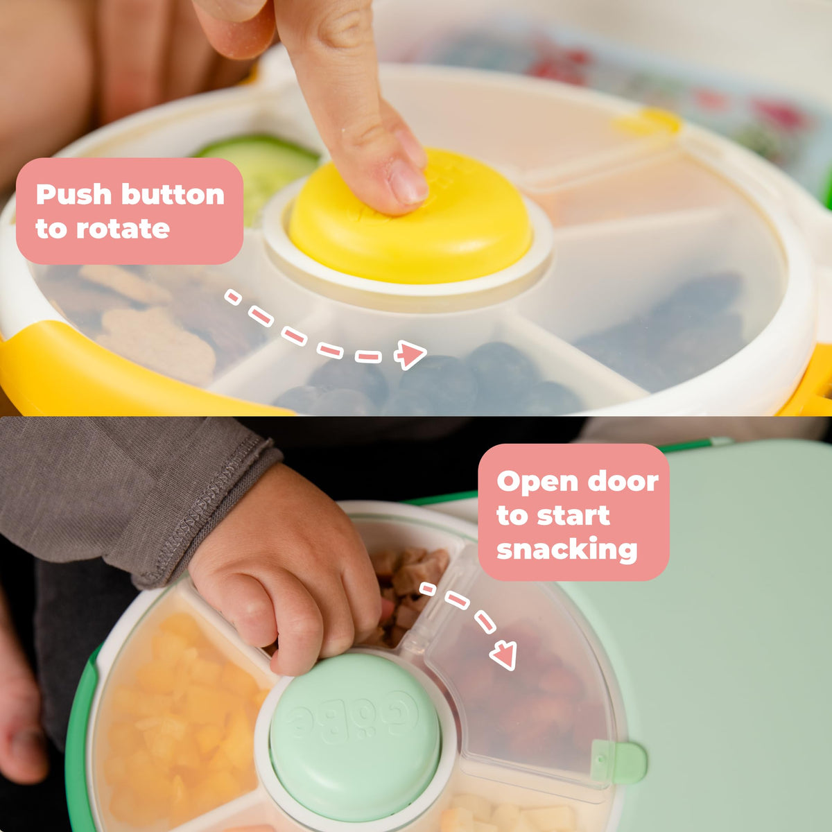 GoBe Kids lunchbox spinner open top reveals 5 snack compartments for versatile packing.